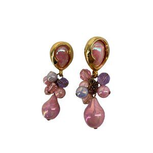 Vintage Gold-Tone &‎ AB Pink Dangle Earrings With Beaded Clusters